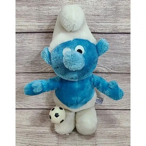 Vintage Peyo Wallace Berrie & Co Plush Sporty Smurf Stuffed Toy Blue White 12"